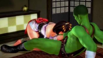 Oriental girl hentai having sex with a green orc man in hot xxx hentai game video